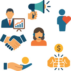 Business and Customer Service Icon Set – Flat Silhouettes of Support, Presentation, Finance, and Marketing Concepts