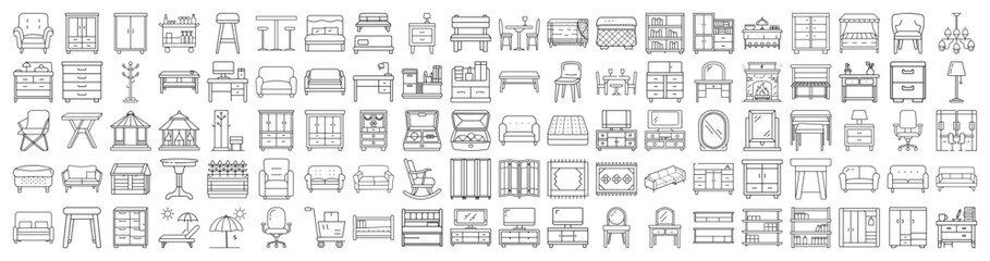 Diverse Line Art Illustration Featuring Furniture, Outdoor Structures, and Household Items