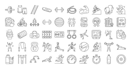 Collection of linear icons representing various fitness and exercise activities