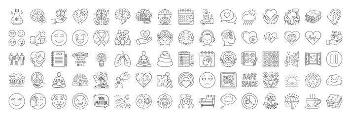 Collection of Mental Health and Wellbeing Line Art Icons for Design