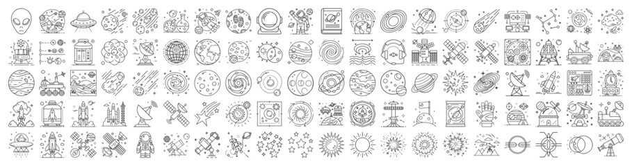 Collection of linear space icons representing a vast array of space exploration concepts