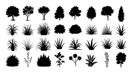 Diverse collection of black plant silhouettes tree grass