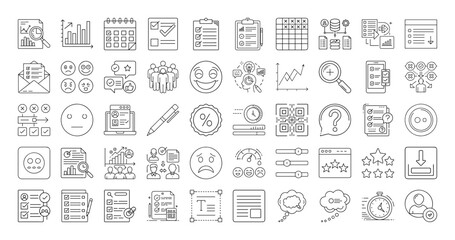 Comprehensive set of linear icon concepts, data, analysis, progress and user feedback