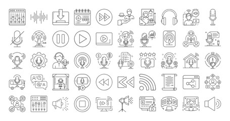 Podcast and audio related icon set in outline style vector design