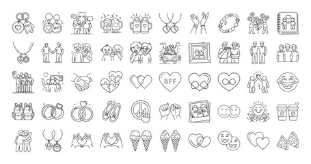 Collection of outlined icons representing friendship, relationships, love, and togetherness