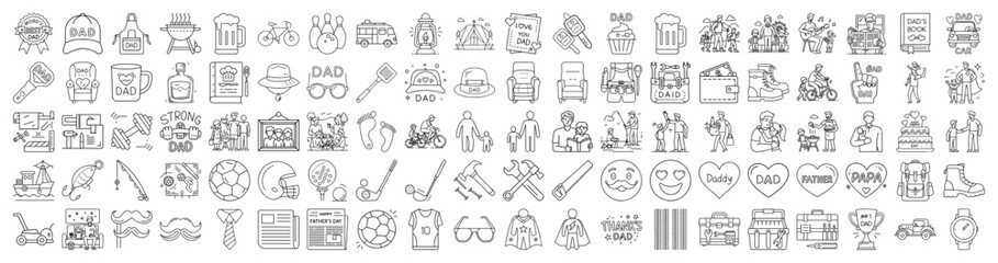 Father's Day Icon Collection with Various Dads and Fatherhood Theme Symbols