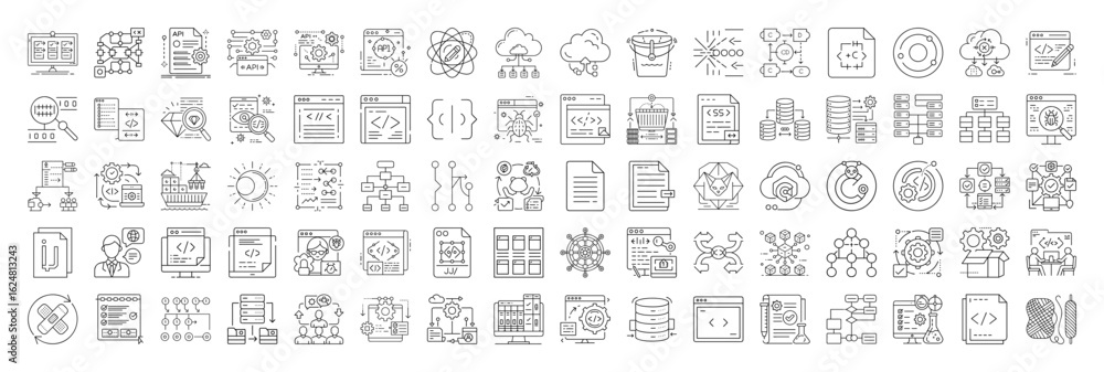 Poster collection of outline vector icons representing software development and technology concepts