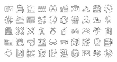 Black and white travel icons representing a wide variety of travel activities