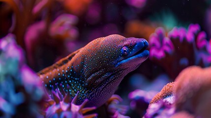 A photo of a moray eel in coral