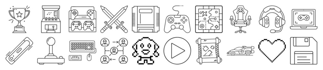 Line art illustration of video games and gaming elements in a seamless row