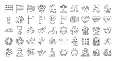 Collection of linear icons for Memorial Day and Veterans Day celebrations