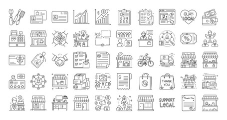 Collection of line icons representing various aspects of small business and commerce
