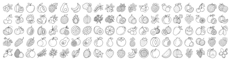 Black and White Seamless Pattern of various Fruits in Line Art Style