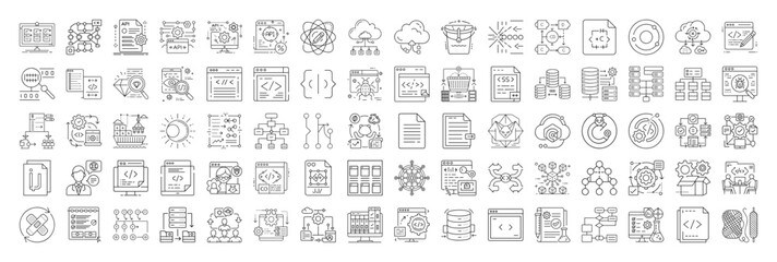 Collection of outline vector icons representing software development and technology concepts