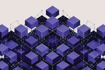 A structured arrangement of purple cubes interconnected by a network of lines and nodes forming a pattern