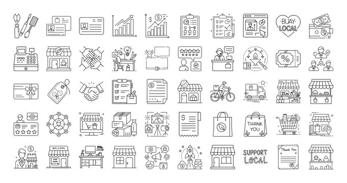 Collection of line icons representing various aspects of small business and commerce