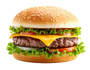 A juicy hamburger with melted cheese and lettuce, realistic style,white and transparent background.