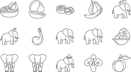 Fototapeta premium Vector art of elephant and fruit line art illustration for coloring book, logo, icon, symbol, design, and other design projects