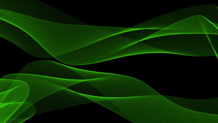 An abstract digital art background with two intertwined, flowing green light trails on a deep black background, creating a sense of movement and elegance.