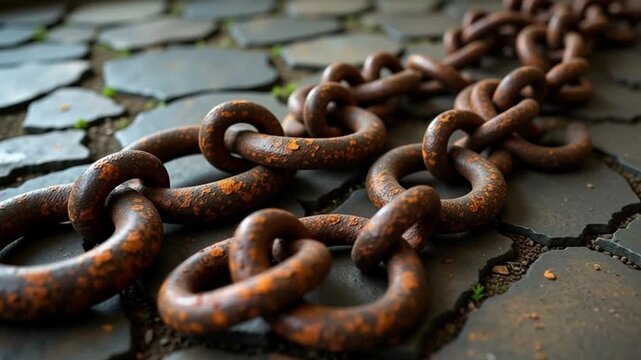 Close up of a rusted metal chain laying on a stone path with small green plants visible