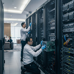 Fototapeta premium Data Center Technicians Upgrading Server Hardware for Optimal Performance.