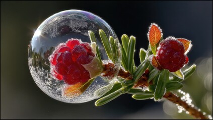 Frozen raspberry encased in a delicate ice bubble.