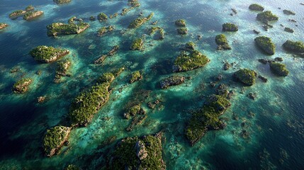 Fototapeta premium An aerial view showcases a vibrant coral reef ecosystem, teeming with numerous small, verdant islands scattered across a turquoise sea. Shallow, clear waters reveal the diverse underwater landscape