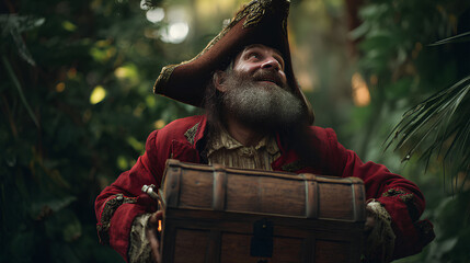 Fototapeta premium a pirate carrying a treasure chest in the junglea pirate carrying a treasure chest in the jungle