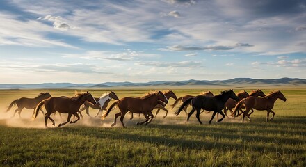 Fototapeta premium A herd of wild horses gallops across a vast grassy plain under a dramatic cloudy sky at sunset