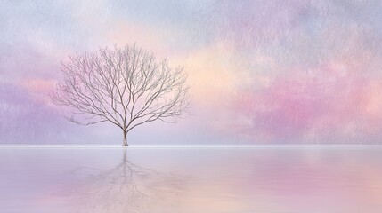 Solitary tree reflecting on a pastel lake.