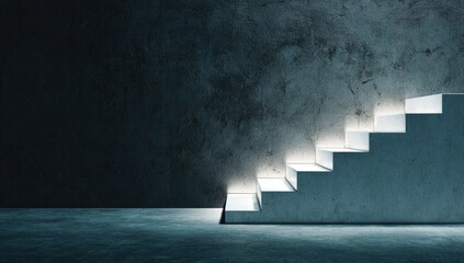 Illuminated concrete steps against a dark wall.
