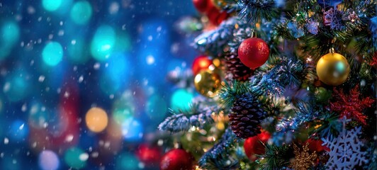 The beautiful Christmas tree adorned with ornaments and twinkling lights.