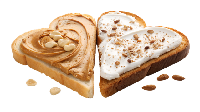 Heart shaped toast with peanut butter and cream cheese breakfast food healthy snack love concept
