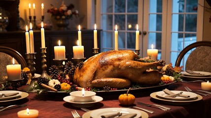 Lit dinner table showcases a turkey centerpiece candles and place settings exuding a festive warm ambiance