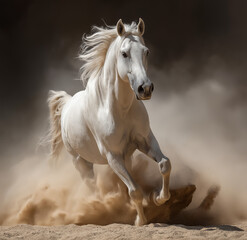 A beautiful white horse galloping through the dust, a professional photograph, horse,