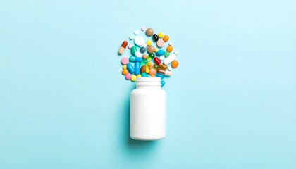 Assorted pills and capsules scattered around a container