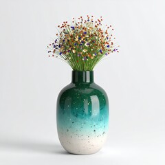green & blue vase with flowers on white