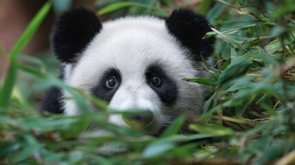 Fototapeta premium Panda peeking through thick bamboo stalks with a curious expression