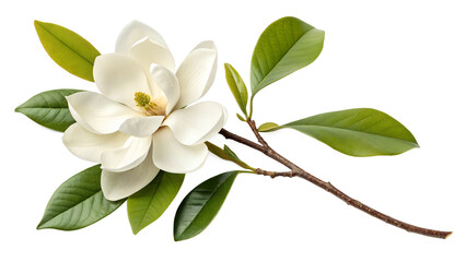 Fototapeta premium Beautiful white magnolia flower blossom with green leaves floral botanical photography isolated image