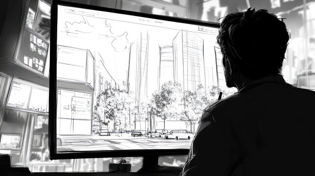 Architectural Designer Creating Cityscape Sketch on Digital Display in Studio