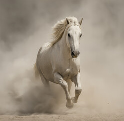 A beautiful white horse galloping through the dust, a professional photograph, horse,