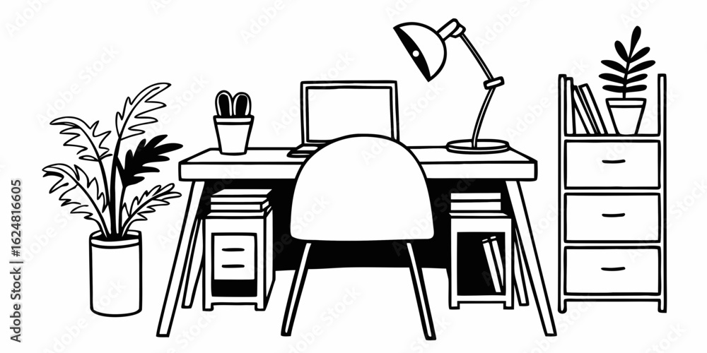Poster a black and white line drawing of a desk setup with a computer lamp plants and a filing cabinet