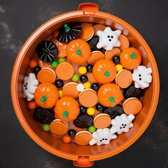 Topdown shot of an orange bucket filled with Halloween candiespumpkins ghosts and round sweets