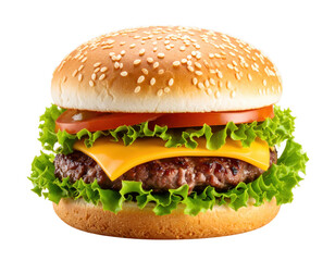 A juicy hamburger with melted cheese and lettuce, realistic style, white and transparent background.