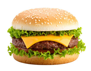 A juicy hamburger with melted cheese and lettuce, realistic style, white and transparent background.