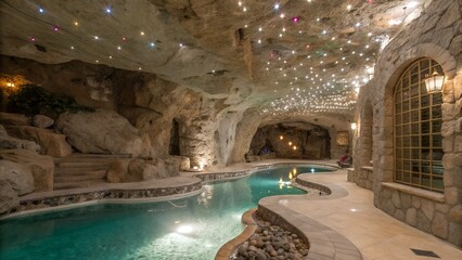 Indoor pool inside a cave with decorative lights and stone walls creating a unique ambiance
