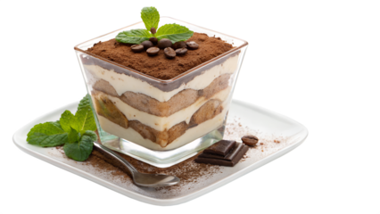Delicious tiramisu dessert in glass cup with coffee beans and chocolate for italian recipe blog