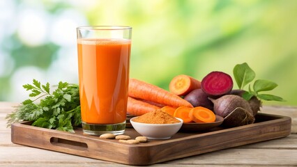 Fototapeta premium Fresh carrot and beetroot juice with herbs and vegetables on wooden tray, healthy drink
