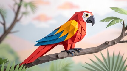 Colorful geometric origami parrot perched on a branch with tropical background illustration