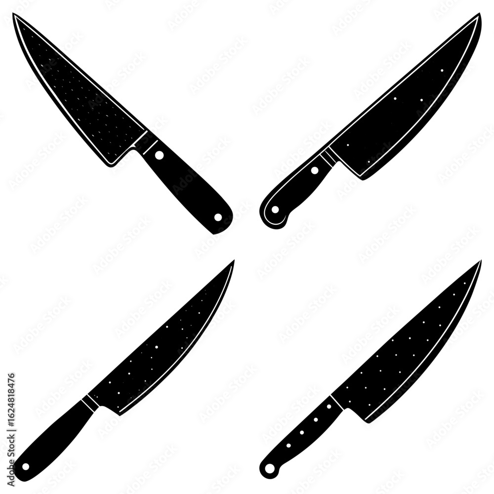 Poster four black and white chef knives with unique handles and blades arranged in a square pattern design
